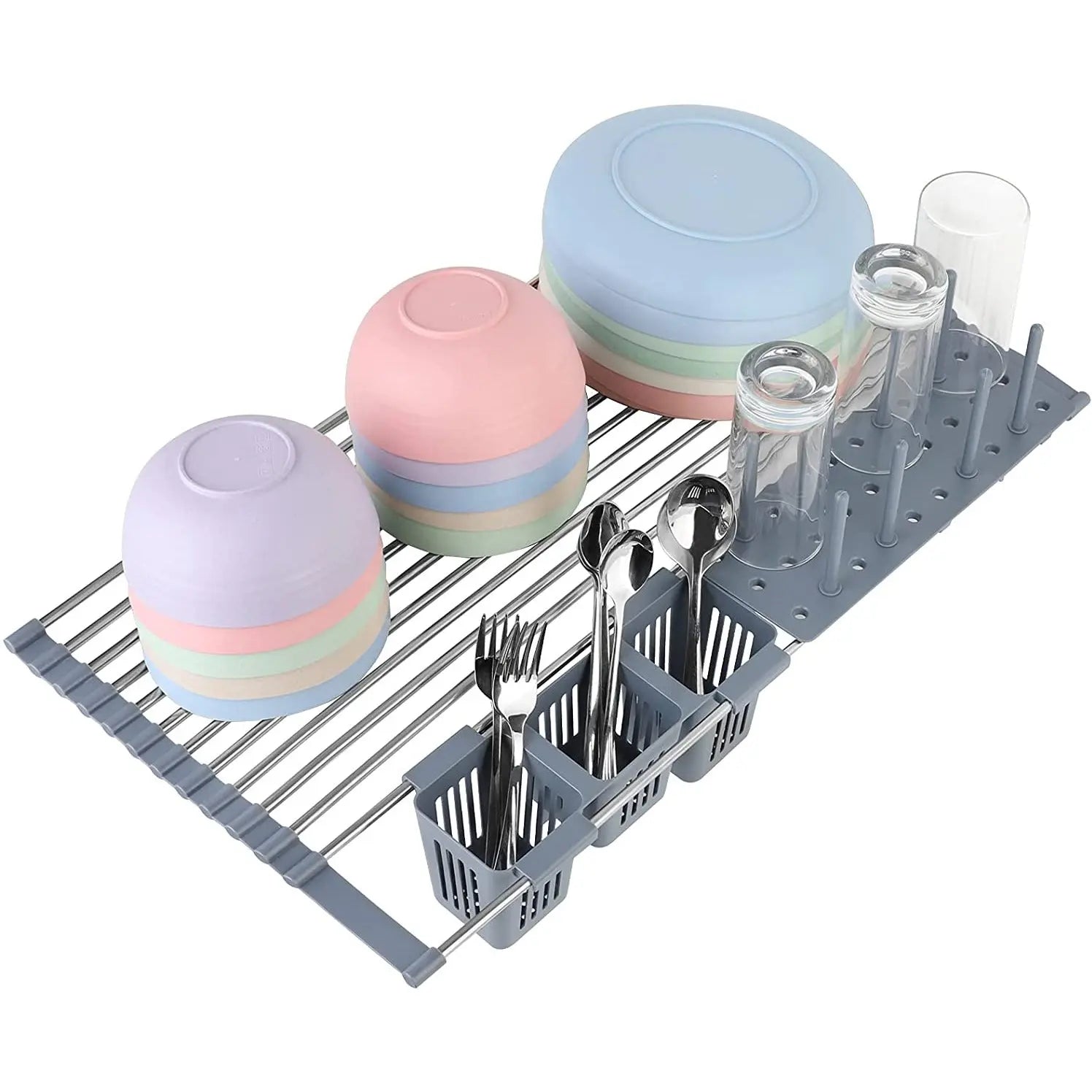 Expandable Roll Up Dish Drying Rack Up to 22.8''with Storage Baskets and Shelf Tray Pattan Australia